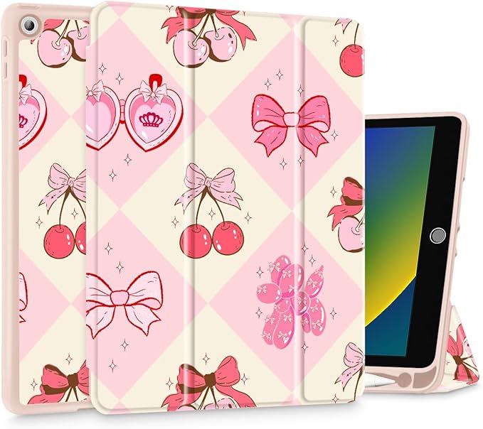 Mektron Designed Printed iPad 10.2 Case 9th Gen (2021)/ 8th Gen (2020)/ 7th Gen (2019) with Pencil Holder Slim Protective Case with Soft TPU Back for iPad 10.2 inch Cherry with Bows