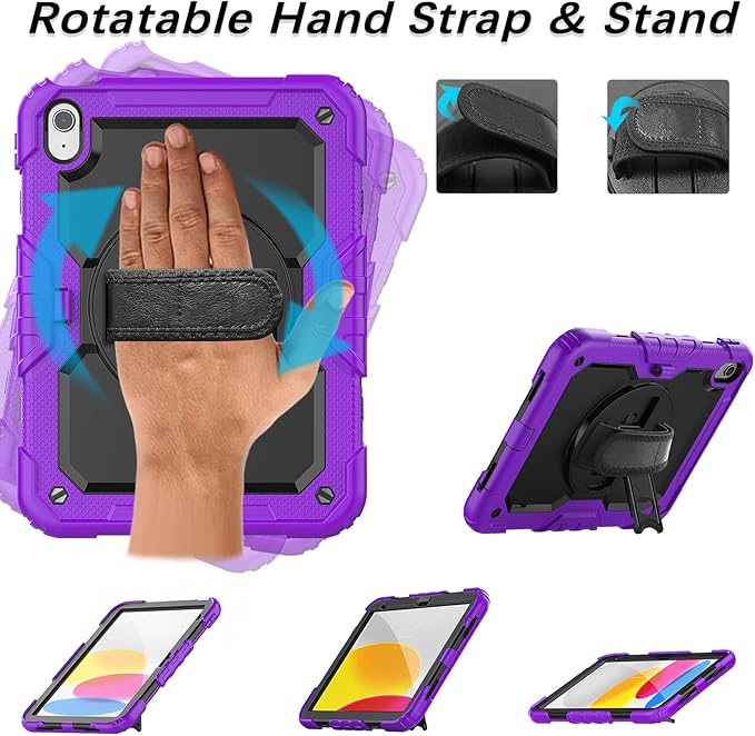 Weuiean Case for iPad A16 11th/10th Generation 11/10.9 Military-Grade Heavy-Duty Shockproof Cover with 360° Rotating Stand Built-in Pencil Holder &amp Adjustable Hand/Shoulder Strap - Purple+Blac