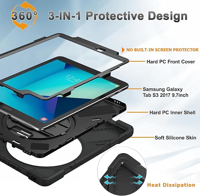 DreamerX for Samsung Galaxy Tab S3 9.7 Case T820/T825/T827 Heavy Duty Rugged Full Body Drop Protective Silicone Cover for Kids with Rotating Stand Handle Hand Strap Carrying Shoulder Strap Black