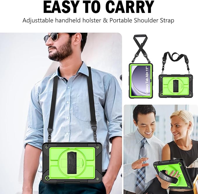 BMOUO for Samsung Galaxy Tab A9+ Plus Case 11 2023 (SM-X210/X216/X218) Shockproof Galaxy Tab A9 Plus Case with Rotating Stand and Hand/Shoulder Strap Green and Black