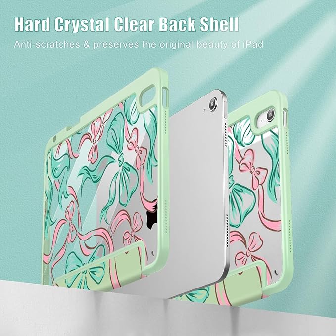 Tuiklol for 2025 iPad (A16 Chip) 11th Generation 11 inch/iPad 10th Generation 10.9 inch 2022 Case Buit in Pencil Holder with Clear Back Shell Cover Trifold Stand Auto Wake/SleepRibbon Bow Green
