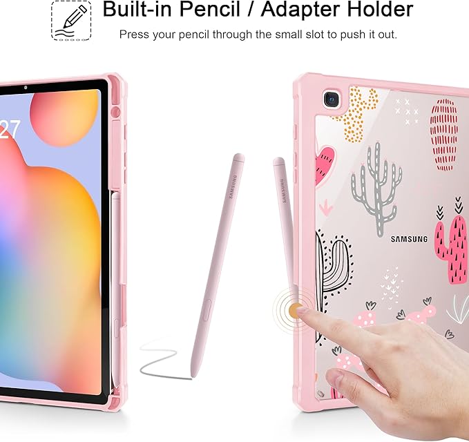 Mektron Case for Samsung Galaxy Tab S6 Lite 10.4 Inch 2024/2022/2020 with S Pen Holder Multi-Angle Viewing with Shockproof Cover Clear Shell + Trifold Stand + Auto Wake/Sleep Colorful Cacti