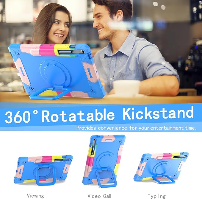 DETUOSI Case for Samsung Galaxy Tab S10 FE Plus 13.1 inch 2025 with Pencil Holder Heavy Duty Shockproof Case with Rotatable Stand &amp Shoulder Strap Camouflage Blue