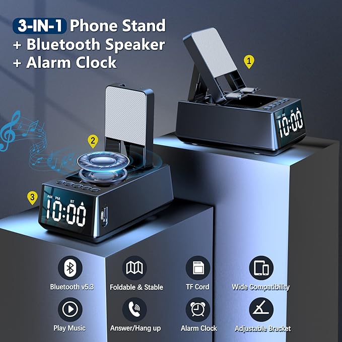 Cell Phone Stand with Wireless Bluetooth Speaker &amp Alarm Clock 3 in 1 Adjustable Holder with Anti-Slip Base Fits All Phones Tablets Unique Tech Gifts for Men/Women Dad Mom Husband Wife (Blac