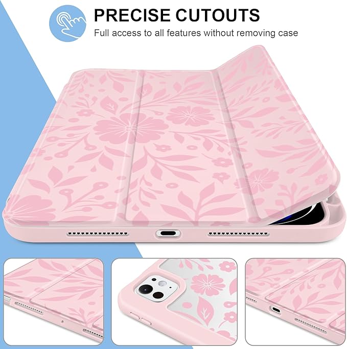 MecBevia Case for iPad Pro 11 inch M5 2025 / M4 2024 (6th/5th Gen) A3357 A3358 A3359 A2836 A2837 A3006 – Built-in Pencil Holder &amp Auto Wake/Sleep Pink Bloom