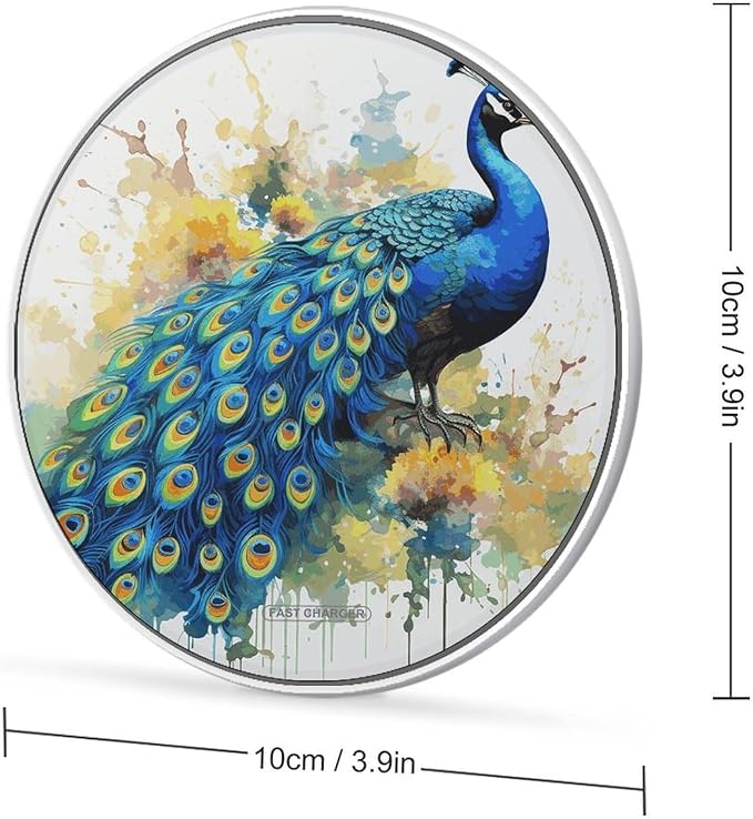 Peacock Watercolor Painting Wireless Charger Fast Wireless Charging Pad with USB Cable 10W Anti-Slip Magnetic Wireless Charger Portable Slim Charger Puck Travel Charging Station