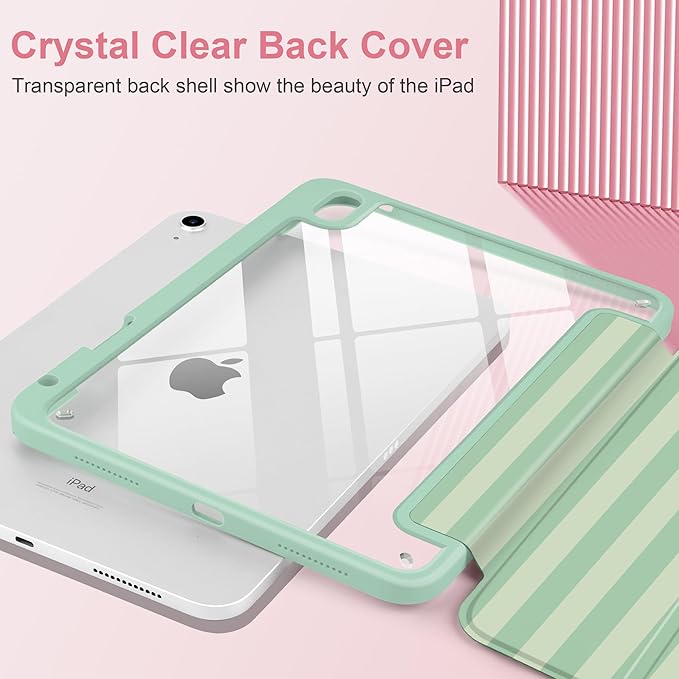 Case for iPad A16 11th Generation 11 inch 2025 iPad 10th Generation 10.9 inch 2022 -[Built-in Pencil Holder] Shockproof Clear Hard Back Trifold Stand Auto Wake/Sleep Green Striped