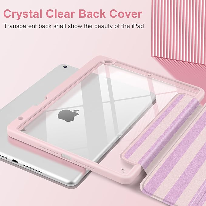 DONGKE for iPad 9th/8th/7th Generation Case 10.2 Inch (2021/2020/2019) [Auto Sleep/Wake &amp Pencil Holder] Clear Acrylic Back Trifold Stand Cover Pink Stripes