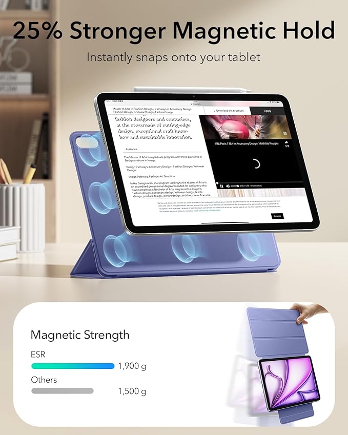 ESR for iPad Air 13 Inch Case M4/M3/M2 (2026/2025/2024) iPad Pro 12.9 Case Powerful Magnetic Attachment Slim Trifold Stand Case Supports Pencil Pro &amp Pencil (USB-C) Rebound Series Lavender