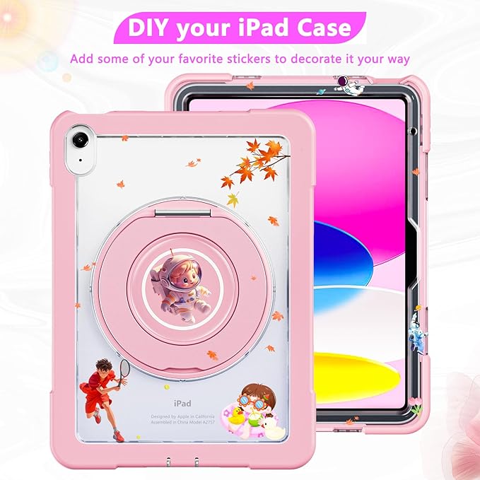 Case for iPad (A16) 11th /10th Generation 11 Inch 2025/10.9 inch 2022with Screen Protector360 Rotating Metal StandClear BackHeavy Duty Shockproof for Kids Case Pink