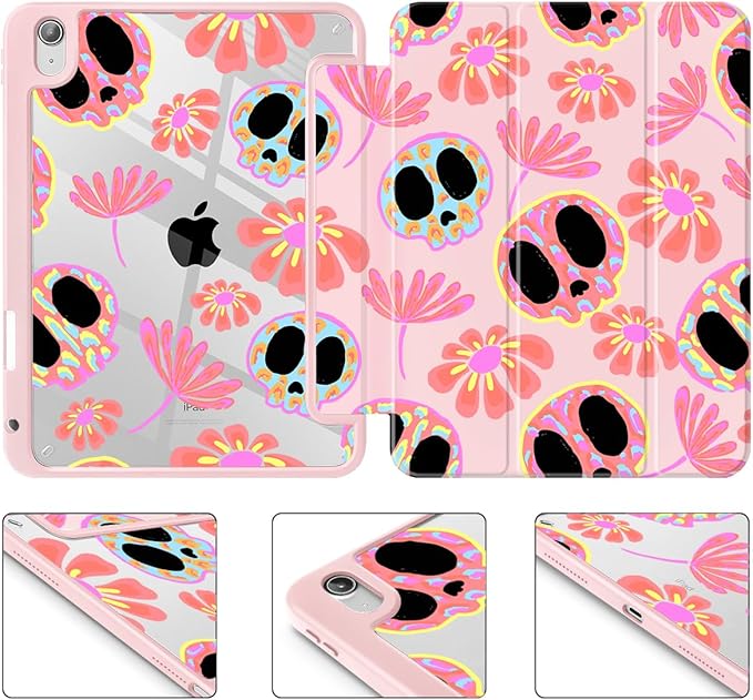 Mektron Case for 2026 iPad Air 13 inch M4 Cover Compatible 2025 iPad Air 13 inch M3 2024 iPad Air 13 inch M2 with Pencil Holder Shockproof Clear Shell Skull &amp Flowers Pink