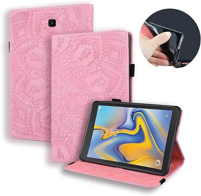YEMENGHUA Heavy Duty Protection Compatible with Samsung Galaxy Tab A 8.0 T387 SM-T387V T387T T387A Slim Lightweight Embossed PU Leather Flip Holder Tablet PC Case Card Slot Tablet Case(Pink)