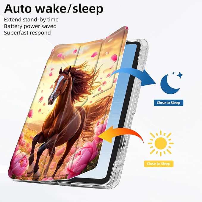 for iPad mini 7 A17 Pro 2024/iPad Mini 6 2021 Case with Pencil HolderFoldable Y-Shaped CoverStylish Clear Multi-Angle Viewing&ampAuto Sleep/Wake Horse in Pink Peony Field Tablet Case
