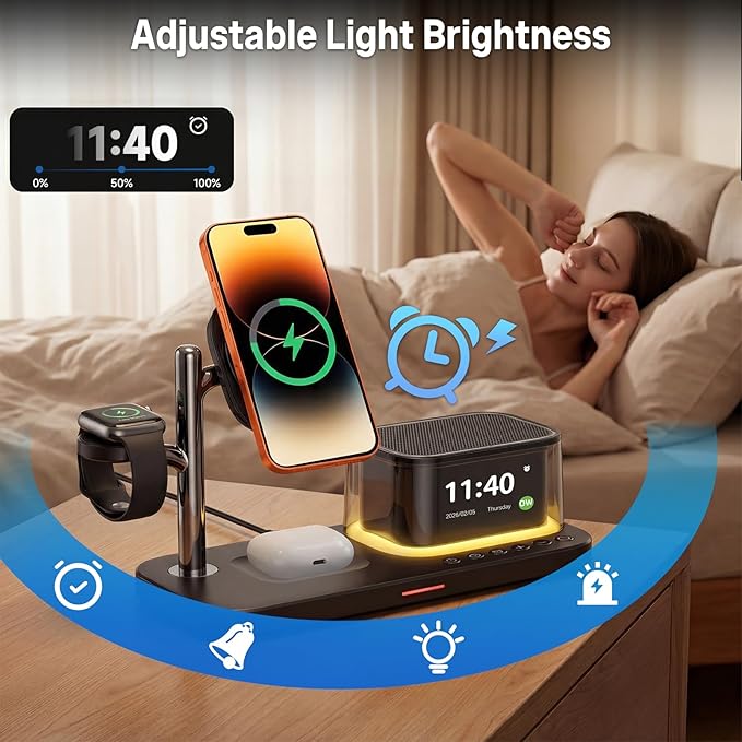 45W 5 in 1 Wireless Charging Station with Alarm Clock and Bluetooth Speaker &amp Night Light Qi2.2 25W Fast Charger for MagSafe for iPhone 17/S26 Ultra Charger Stand for iWatch &amp Galaxy Watch