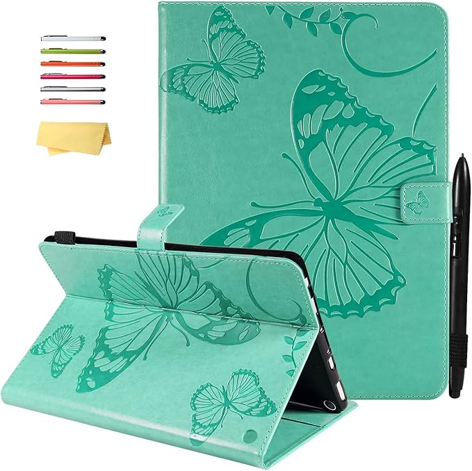 for Kindle Fire HD 10 &amp HD 10 Plus Case 13th/11th Generation 10.1 (2023/2021) Stand Embossed PU Leather Magnetic Wallet Cover with Pencil Holder/Pockets [Auto Wake/Sleep] Green Butterfly