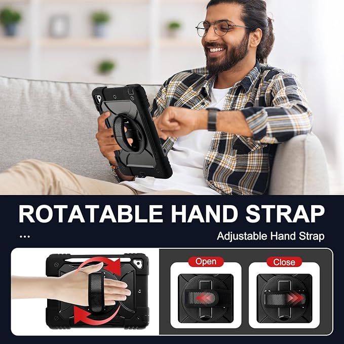 for iPad 6th Generation/iPad 5th Gen/iPad Air 2/iPad Pro 9.7 Case with Cute Key Chain Rugged Protective Case with Rotating Stand &amp Shoulder Hand Strap for iPad 6th/5th/ Air 2 (Black)