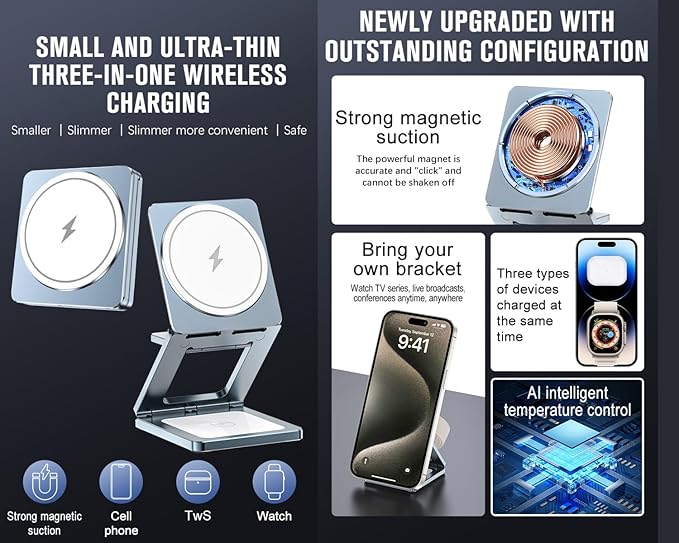 3 in 1 Wireless Charger StationAluminum Alloy Foldable Travel for iPhone Wireless Charger Fast 15W ChargingMag Safe Charger Stand for iPhone/Apple Watch/Airpods SeriesSmallUltra-Thin