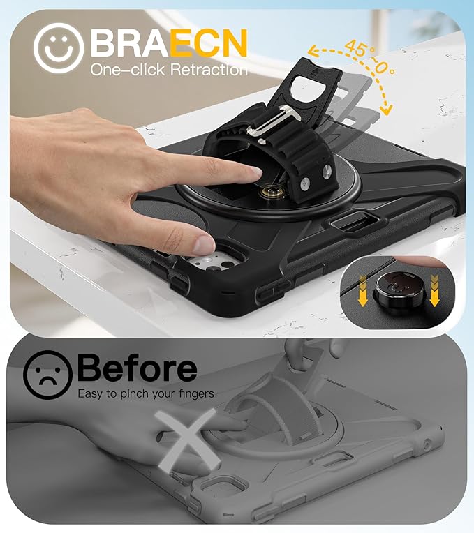 BRAECN Case for iPad Pro 11 inch M5 2025 &amp M4 2024 4 Layers Heavy Duty Full-Body Protection Screen Protector Pencil Holder 360° Rotating Handle Kickstand Shoulder Strap Kids Friendly