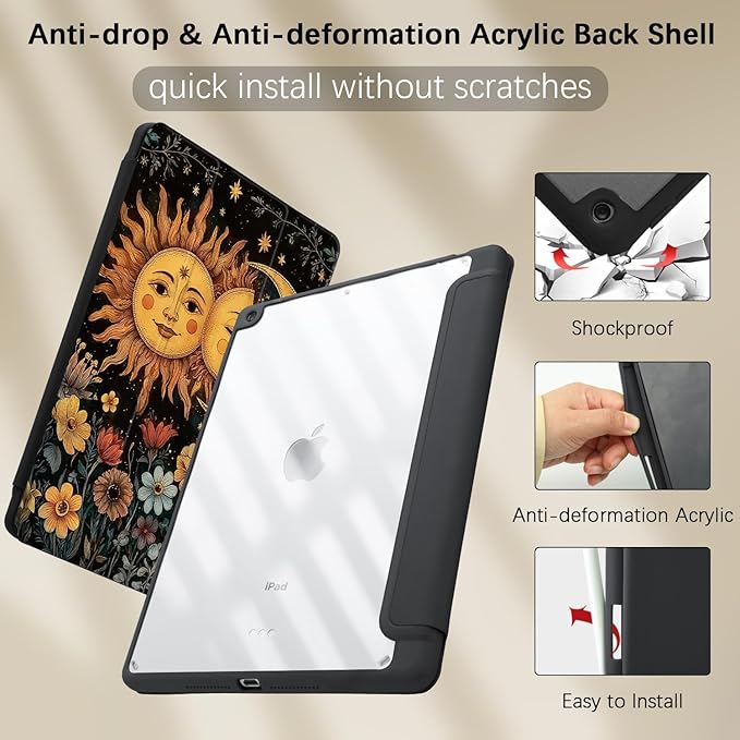 Rose Crow Skull Case for Ipad Air 3 Retro Gothic Floral Shell Unique Design Shell Auto Sleep/Wake Anti-Slip Shockproof Cover with Clear Back Shell &amp Pencil Holder(Girls Women)