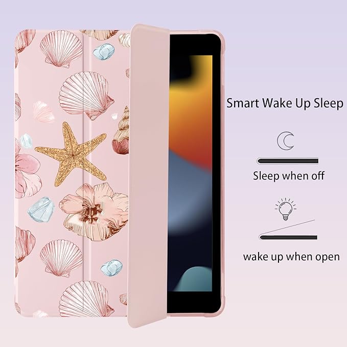 Cute Sea Shell Starfish for iPad (A16) 11th Generation Case 11 Inch 2025 for iPad 10th Generation Case 10.9 Inch 2022 with Pencil Holder Auto Sleep/Wake Pink Leather Soft TPU Back Cover