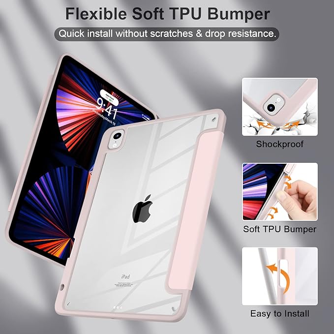 Batianda Hybrid Case for 11-inch iPad Air 2024 M2 Chip/iPad Air 5th/4th 10.9 inch [Built-in Pencil Holder] Shockproof Cover with Clear Back Shell TPU BumperLight Pink