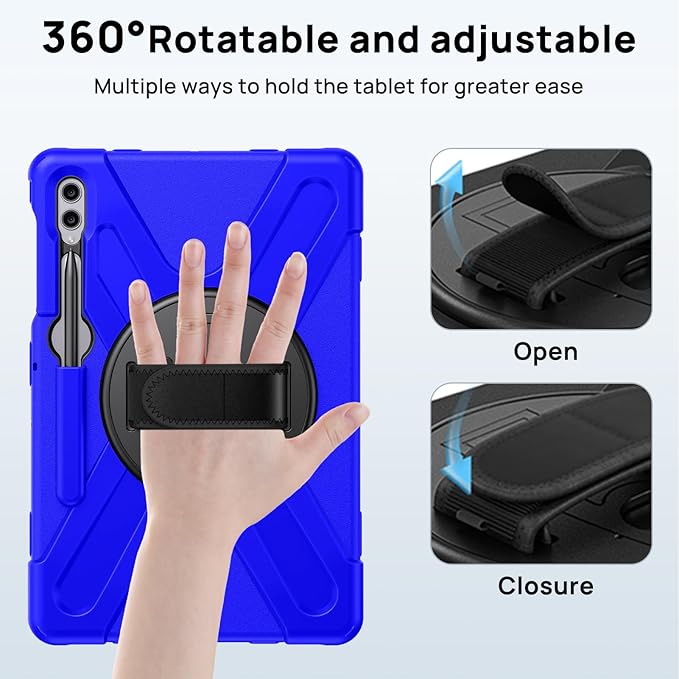 Gerutek Case for Samsung Galaxy Tab S10 Plus/S9 Plus/S9 FE Plus/S8 Plus/S7 Plus/S7 FE 12.4 inch Full-Body Drop Protective Case with Screen Protector Pencil Holder Rotating Hand Stand Strap Blue