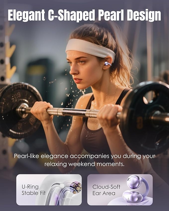 King Lucky Clip-On Earbuds Gen 3 Open-Ear Wireless Bluetooth 6.0 Headphones with Mic Secure Fit for Small Ears &amp Glasses Wearers 50H Playtime LED Digital Display ENC IPX5 Waterproof (Purple)