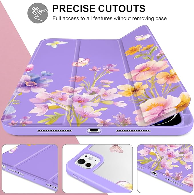 Case for iPad Pro 13 inch (M5) 2025 (M4) 2024 Release Slim Lightweight Cute Purple Cover with Clear Back TPU Edge Pencil Holder Trifold Stand Watercolor Flower