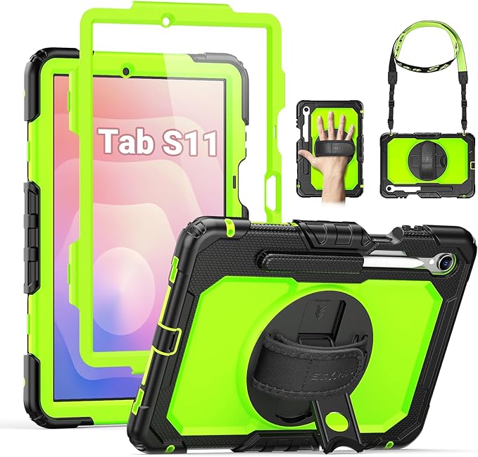 SEYMAC Case for Samsung Galaxy Tab S11 5G 2025 11 Inch Heavy Duty Shockproof Protective Case with Screen Protector 360° Rotating Stand Hand/Shoulder Strap and Pen Holder Green