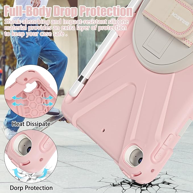 BRAECNstock Kids Case for Apple iPad mini 5/4 7.9 2019/2015 Shockproof Protective with Pencil Holder Rotating Stand &amp Hand StrapShoulder Strap Case for iPad mini 5th/4th Gen Sakura Pink