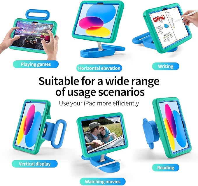Kids Case for iPad (A16) 11th/10th Gen 10.9'' 2025/2022Adjustable Portrait/Landscape Stand/Drop Proof with HandleChild Friendly Case for iPad Air 11 (M4/M3/M2) 2026/2025/2024 (Greenblue)