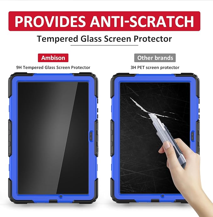Ambison Case for Samsung Galaxy Tab A9+ Plus 11'' 2023 [Kids Proof] Full Body Protective Case with 9H Tempered Glass Screen Protector 360° Rotatable Kickstand &amp Hand Strap (Blue)