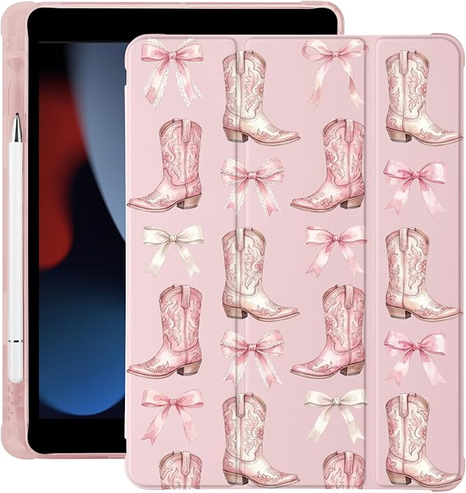 Cute Cowgirl Boots Pink Bow for iPad Air 11 Inch Case 7th/6th Generation (M3/M2) 2025/2024 with Pencil Holder Auto Sleep/Wake Pink Leather Soft TPU Back Cover