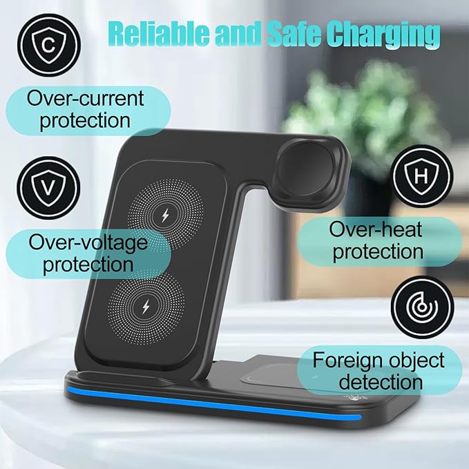Wireless Charger for Multi Devices 3 in 1 Foldable Fast Charging Station Stand Compatible for iPhone 17 16 15 14 13 Pro for Apple Watch Series for AirPods 4 3 2 Pro for Samsung Galaxy Android (Black)