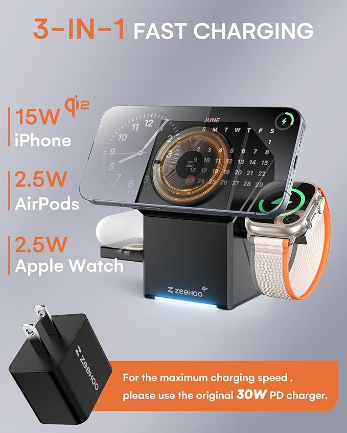 ZEEHOO 3 in 1 Charging Station iPhone Charging Station for Apple MagSafe Charger Qi2 Certified 15W Fast Wireless Charger for Apple Watch for iPhone 1716 15141312 Series AirPods (Black)