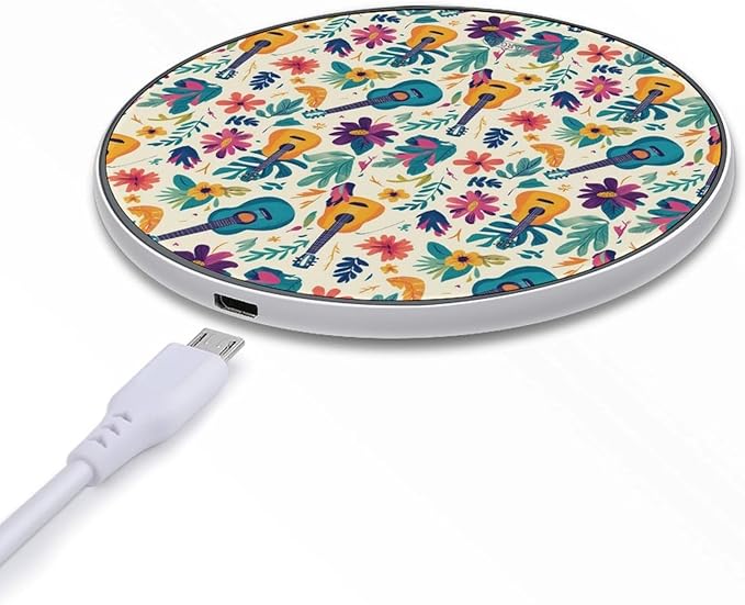 Tropical Colorful Guitar and Floral Wireless Charger Anti-Slip Wireless Charging Pad Slim Charger Mat for Men Women