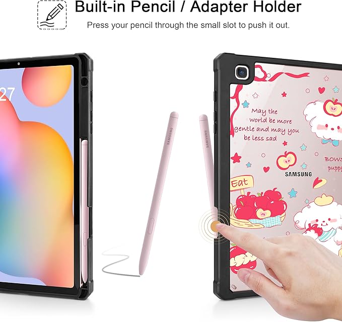 Mektron Case for Samsung Galaxy Tab S6 Lite 10.4 Inch 2024/2022/2020 with S Pen Holder Multi-Angle Viewing with Shockproof Cover Clear Shell + Trifold Stand + Auto Wake/Sleep Cute Puppy