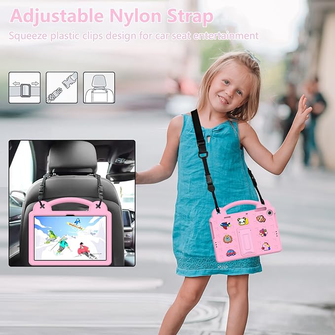 Compatible with Amazon Fire HD 8/HD 8 Plus (2020/2022)/Fire HD 8 2024 Tablet Case Kids Friendly Universal Lightweight Shockproof Protective Case with Shoulder Strap &amp Stand Handle Pink