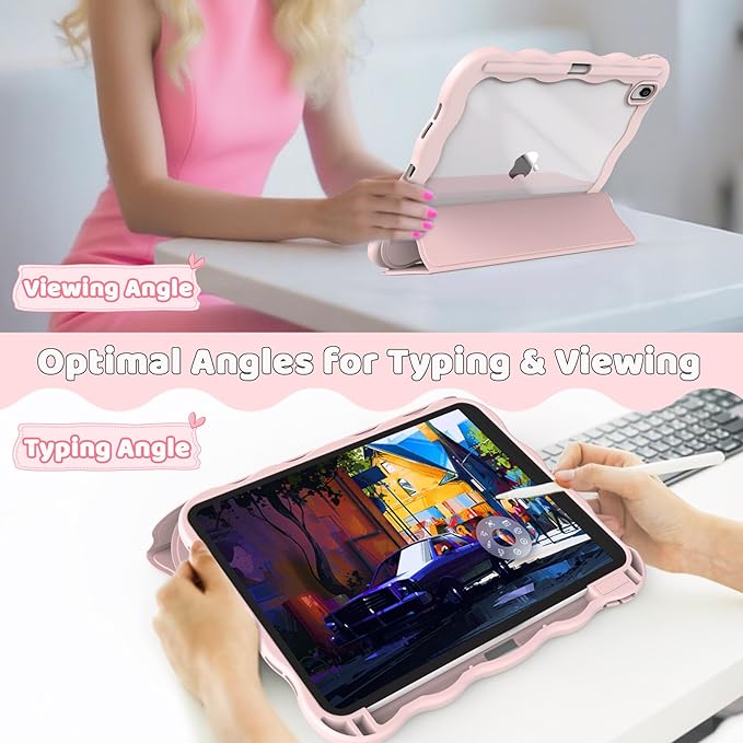 Compatible with iPad (A16) 11th Generation Case 11 Inch 2025 iPad 10th Generation Case 10.9 Inch 2022 with Pencil Holder Wave-Edge Slim Trifold Stand Protective Cover Auto Wake/Sleep Pink