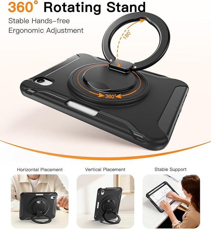 BATYUE Shockproof Case for iPad mini 7 (A17 Pro)/ Mini 6 8.3 inch (2024/2021) - 360° Multi-Angle Stand (Portrait &amp Landscape) &amp Grip Built-in Pencil Holder Black