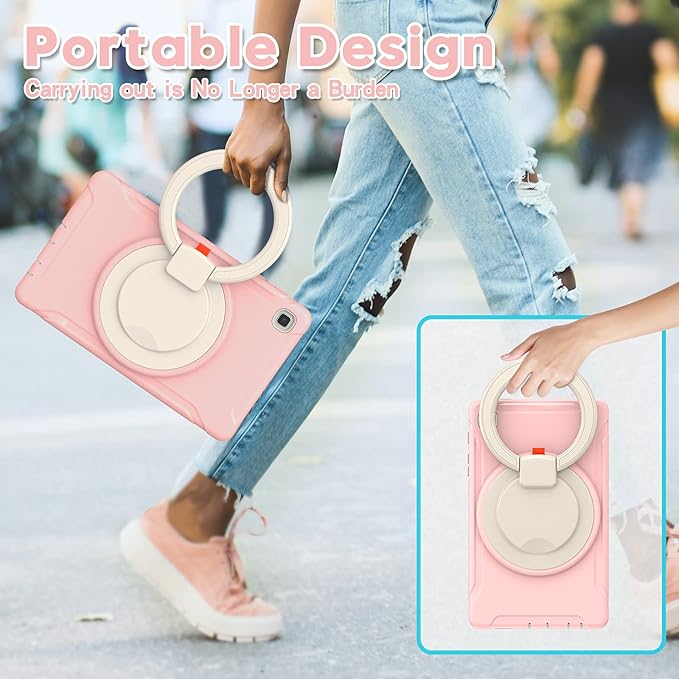 Shockproof Case for Samsung Galaxy Tab A7 Lite 8.7 Tablet Techcircle Rotating Stand Handle Heavy Duty Bumper Hybrid Cover Protective Case for Galaxy Tab A7 Lite (2021) SM-T220/T225 Baby Pink