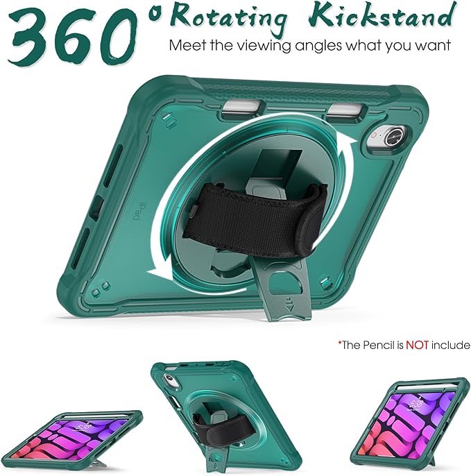 BRAECNstock Case for iPad mini 7 (A17 pro) 2024 &amp Mini 6 2021 8.3-inchShockproof Protective Cover with Pencil HolderScreen Protector360° Rotating Hand Strap/Stand-Midnight Green