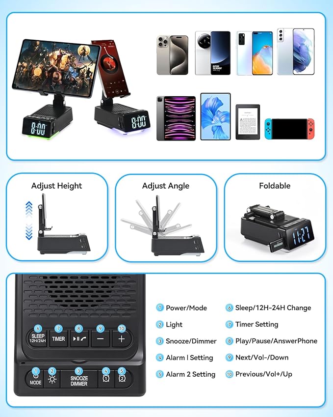 Father's Day Gifts for Dad Birthday Gifts for Men 7 in 1 Phone Stand Bluetooth Speaker with Alarm Clock Wireless Charger Light USB Playback &amp Hands-Free Calling