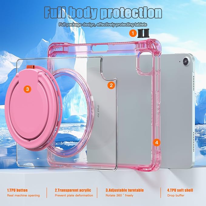 Shockproof Case for iPad Air 11'' (M4 2026/M3 2025/M2 2024)/ iPad Air 10.9'' Air 5th /4th Gen PC Clear Tablet Cases with Rotating Stand for Kids Rose