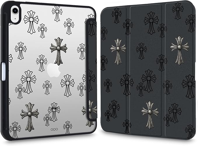 Y2k Printed Case for iPad Air 13 (M3) 2025/ (M2) 2024 Metal Gothic Cross Clear Hard Back Hybrid Casewith Pencil Holder Trifold Stand Slim Tablet Cover for Girls Women