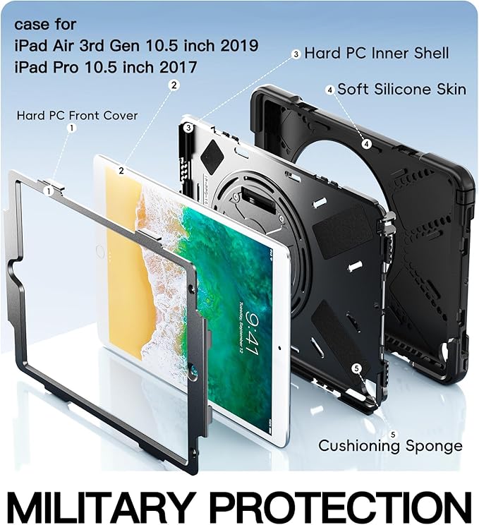 BRAECN Case for iPad Air 3rd Generation 2019 / iPad Pro 10.5 inch 2017 Rugged Heavy Duty Shockproof Cover with Pencil Holder 360° Rotating Kickstand &amp Adjustable Hand Strap &amp Shoulder Strap