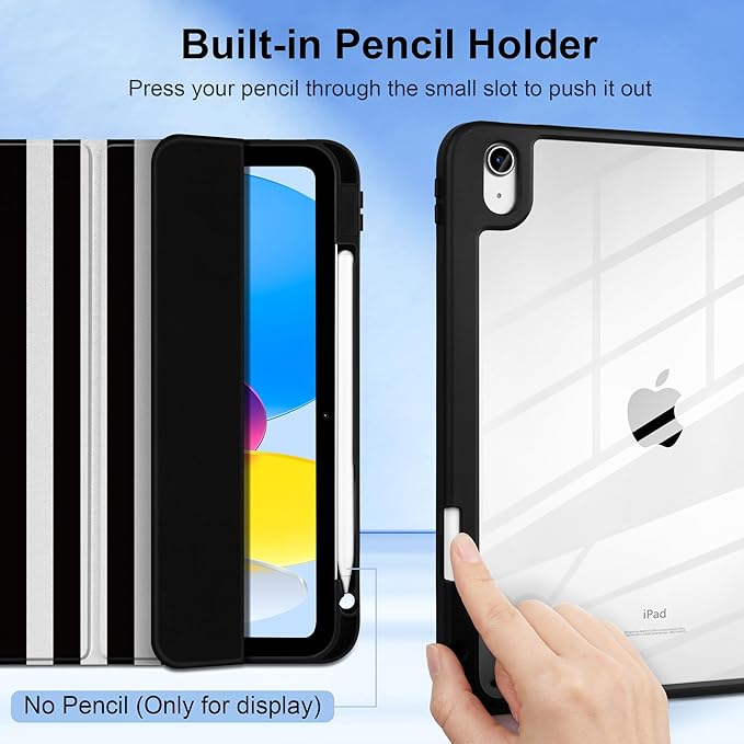 DONGKE Case for iPad (A16) 11th Generation 11 inch 2025 &amp iPad 10th Gen 10.9 inch 2022 [Built-in Pencil Holder] Clear Acrylic Back Trifold Stand Smart Cover Auto Sleep/Wake Black Stripes