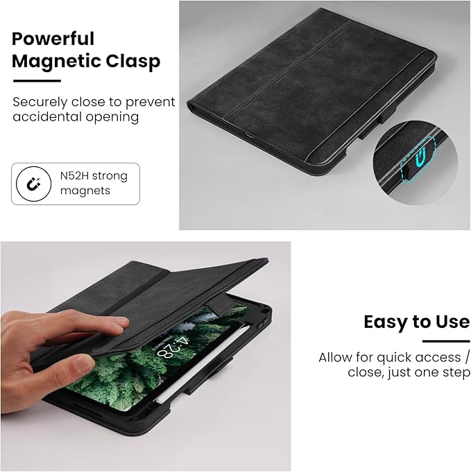 Handmade Case for iPad Air 13 Inch M4/M3/M2 (2026/2025/2024) with Pencil Holder PocketMagnetic ClosureMulti Angles StandTyping AngleFolio Protective CoverAuto Sleep/WakeBlack
