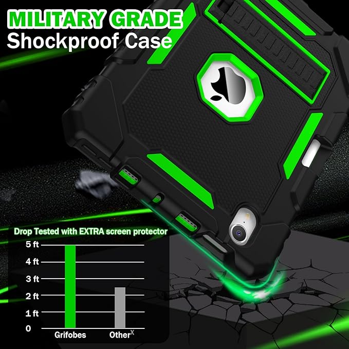 Grifobes Case for iPad mini 7 (A17 Pro) 2024 / Mini 6 2021 8.3 inch Heavy Duty Shockproof Rugged Cover with Pencil Holder Stand for I Pad Mini 7th/6th Gen 8.3 Case (Black+Green)