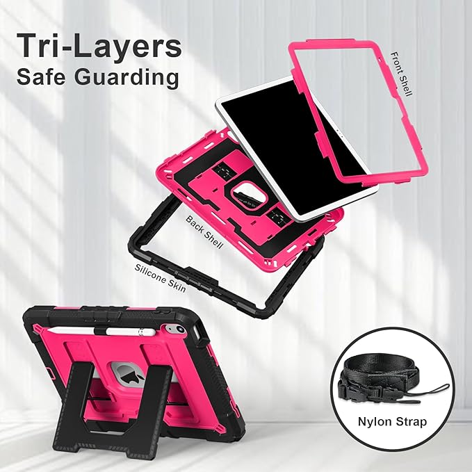 ATOOZ for iPad A16 11th Generation Case 11 Inch 2025for iPad 10th Generation Case 10.9 Inch 2022 with Shoulder Strap &amp Pencil HolderHeavy Duty Shockproof Rugged Protective Cover (Rose Red)